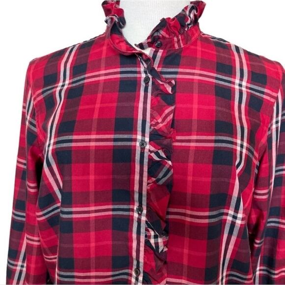 Chaps Women's Red Black Plaid Button-Down Ruffle Long Sleeve Shirt - Picture 3 of 16
